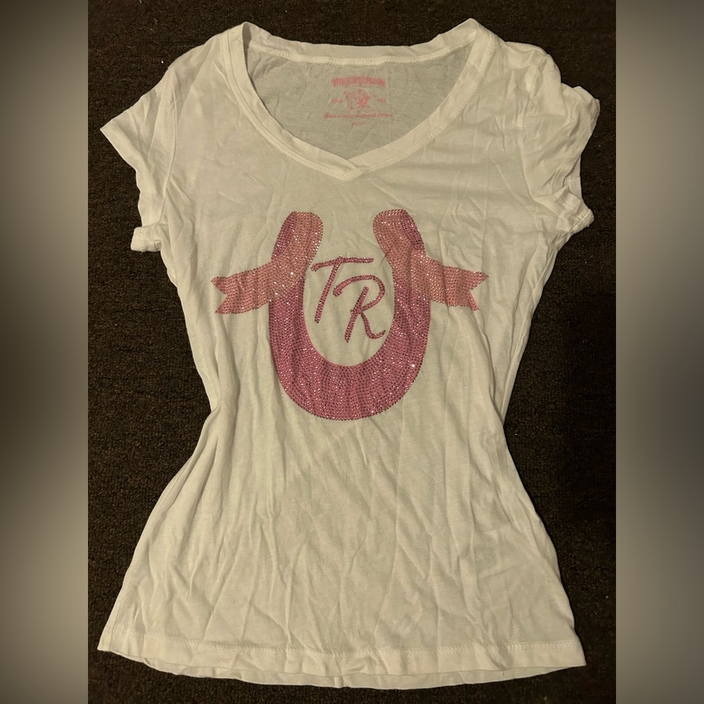 white pink rhinestone sparkle true religion y2k T-Shirt with Pink Logo
